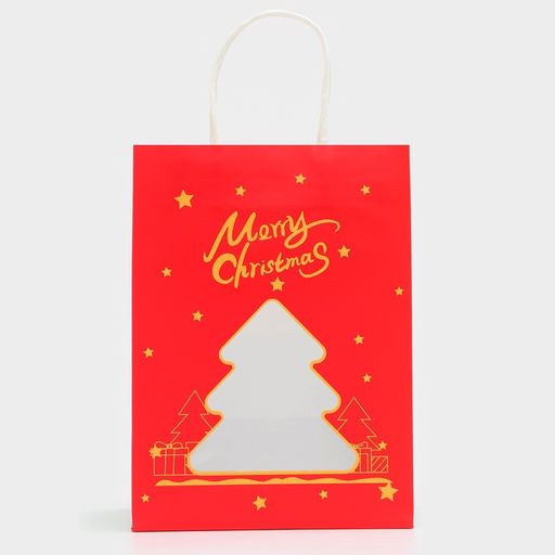 Цена за 2 шт. Пакет подарочный бумажный с окном «Ёлка» 19×26×13 см, крафт красный