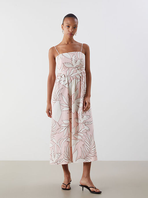 Kare Yaka ?i?ekli Poplin Elbise