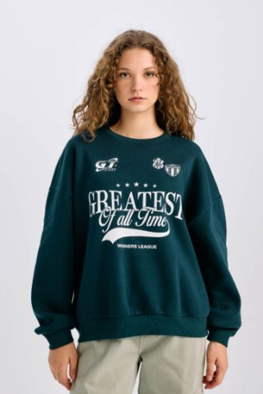 Loose Fit Bisiklet Yaka Bask?l? Kal?n Sweatshirt
