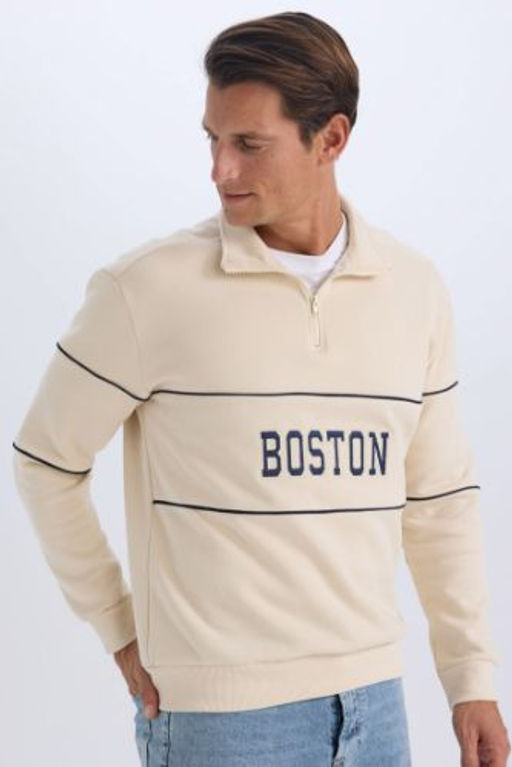 Relax Fit Dik Yaka Fermuarl? Bask?l? Kal?n Sweatshirt