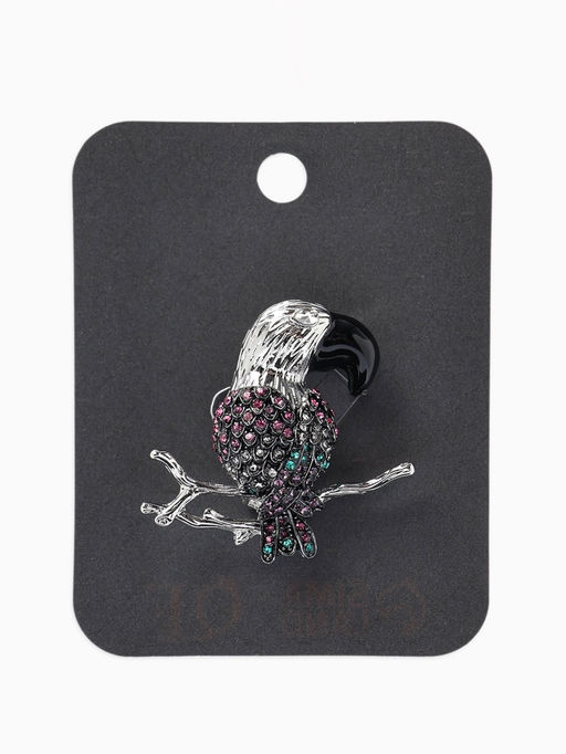 Брошь «Птица» какаду на ветке, цветная в серебре