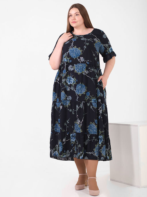 Платье черное с синими цветами