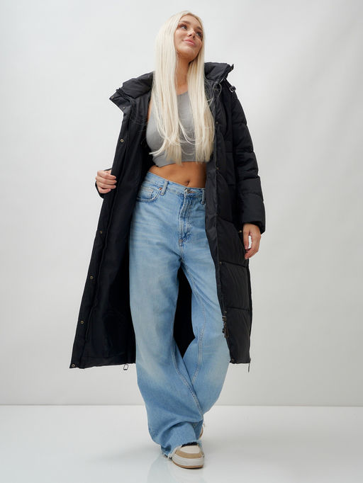 Пальто утепленное стеганное зимнее с капюшоном женское черного цвета 9608Ch - Mtforce фото 13