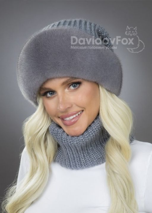 Шапка Ника норка трикотаж серо-голубая