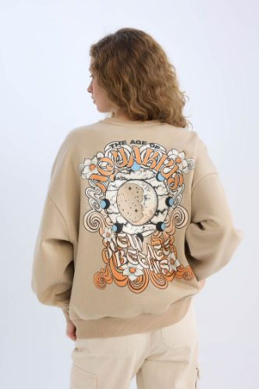 Loose Fit Bisiklet Yaka S?rt Bask?l? Kal?n Sweatshirt