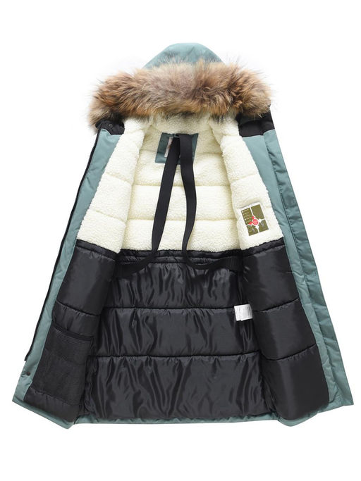 Куртка парка зимняя подростковая для мальчика с капюшоном и мехом цвета хаки 9447Kh