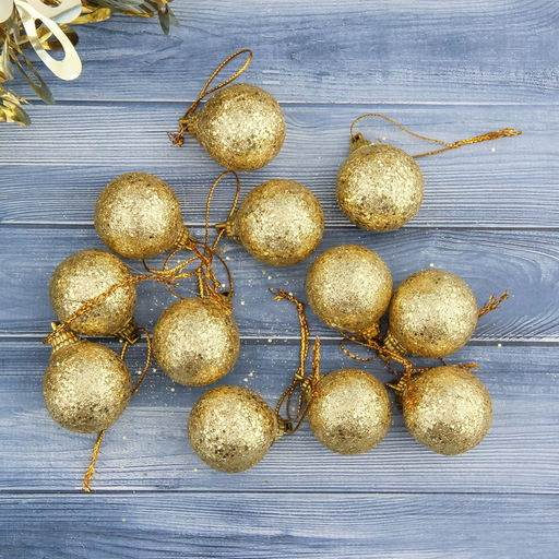 Цена за 3 шт. Ёлочные игрушки Шарики, шары новогодние, пластик, набор d=2.5 см, 12 шт., золотистый