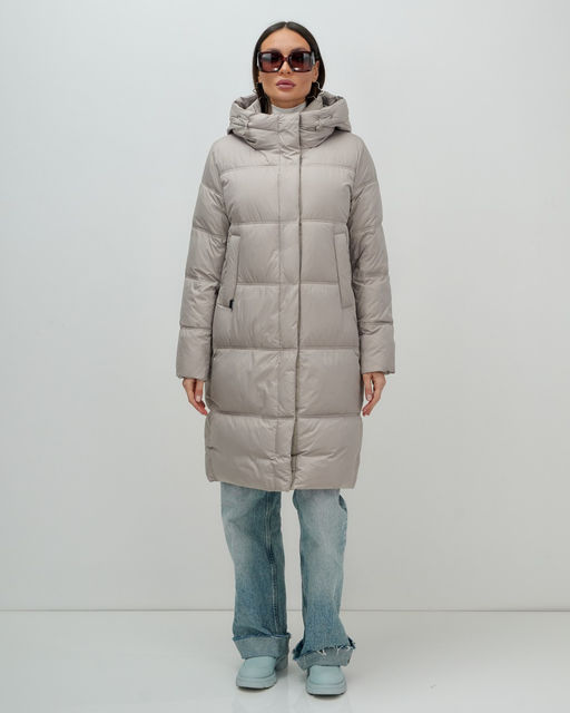 Пальто зимнее утепленное с капюшоном женское бежевого цвета 7618B