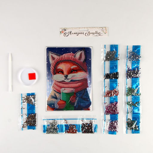 Алмазная мозаика на новый год с частичным заполнением на холсте Лисичка, 15?21 см, набор для творчества