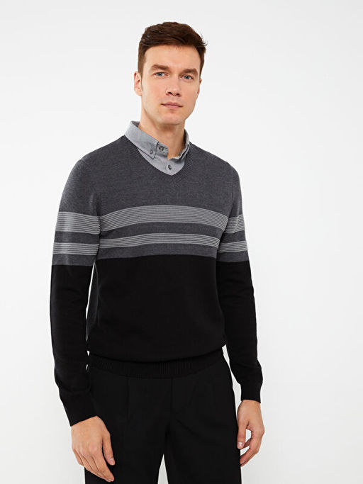 G?mlek Yaka Uzun Kollu ?izgili Erkek Triko Kazak