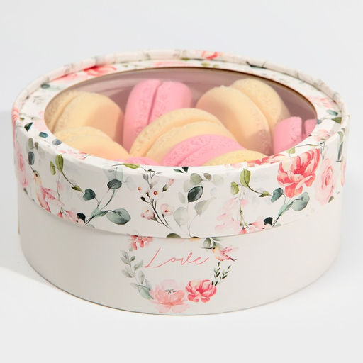 Коробка для макарун, кондитерская упаковка тубус с окном, Love, 16×16×5 см