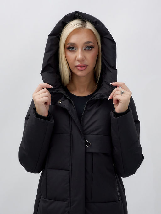 Пальто утепленное стеганное зимнее с капюшоном женское черного цвета 9628Ch - Mtforce фото 7
