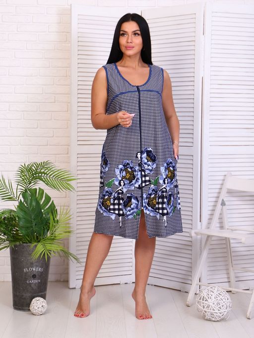 Халат женский на молнии с карманами, синий купон (841-2)