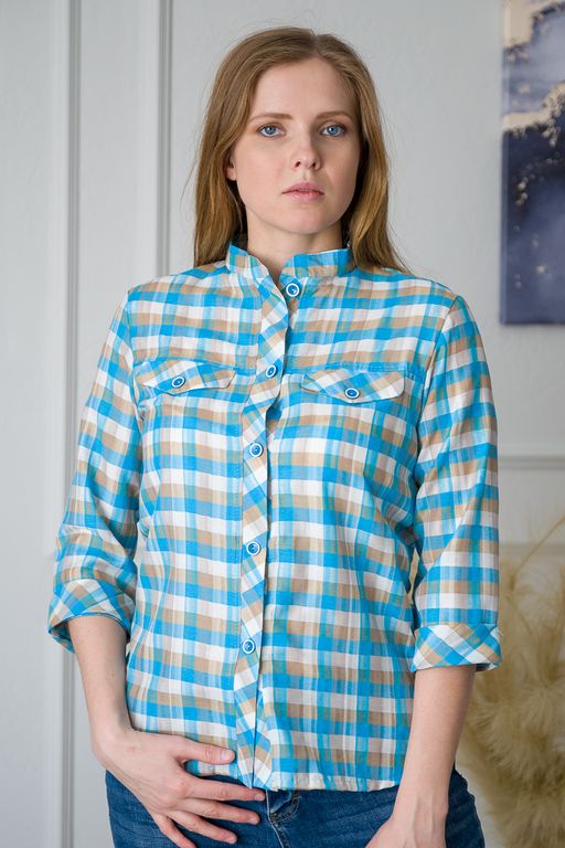 Туника женская со стойкой голубая клетка - Амадэль фото 8