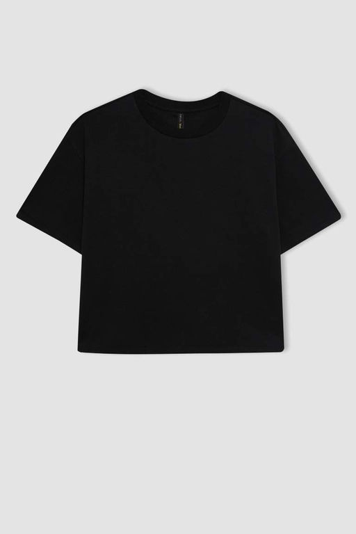 Черная женская базовая футболка с круглым вырезом и короткими рукавами, свободный крой - Defacto фото 7