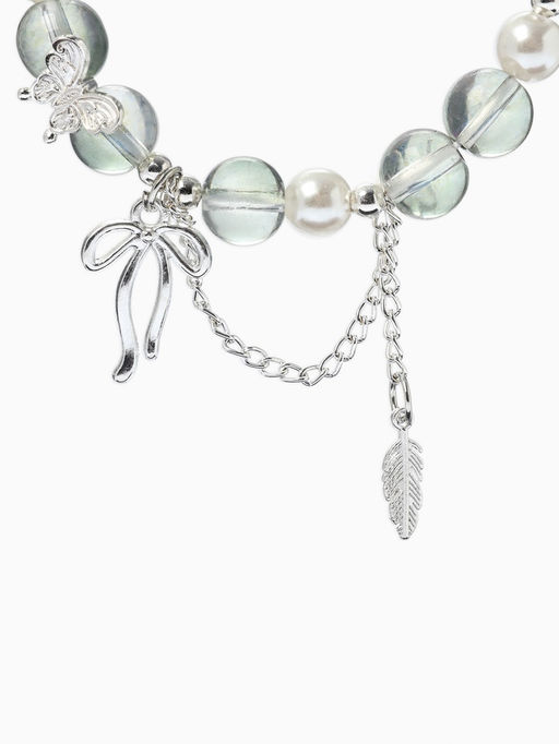 Браслет с подвесками "Сахарный" перо, бант, шар №10/8, цвет серый радужный в серебре
