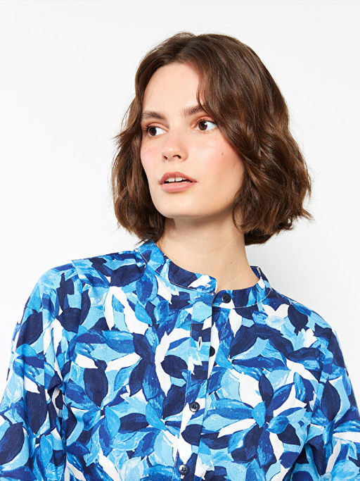 Bisiklet Yaka Desenli Uzun Kollu Poplin Kad?n G?mlek Elbise