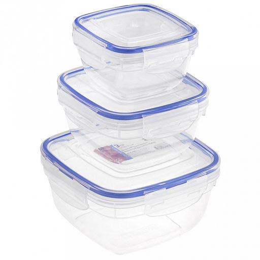 Контейнер для продуктов пластмассовый набор 3шт: 0,275л - 9,5х9,5х5,6см, 0,5л - 12х12х6,5см, 0,9л - 14,3х14,3х8см, квадратный, с клипсами, воздухонепроницаемый (герметичный), съемный силиконовый уплотнитель, подходит для СВЧ (Россия)