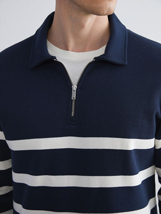 Polo Yaka Uzun Kollu ?izgili Erkek Sweatshirt