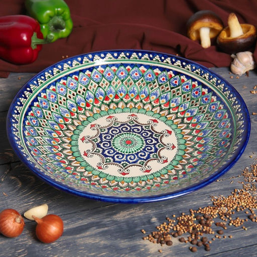 Ляган узбекский Риштанская Керамика «Узоры», d=33 см, глубокий, синий
