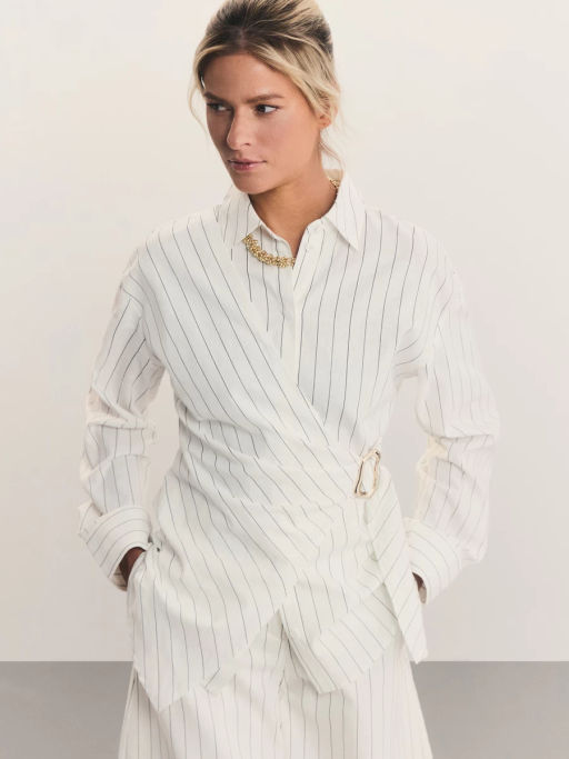 Льняная рубашка в полоску с декоративной пряжкой / Zarina  фото 7