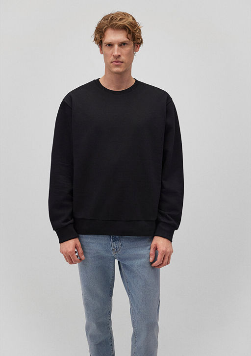 Bisiklet Yaka Siyah Basic Sweatshirt - Mavi фото 3