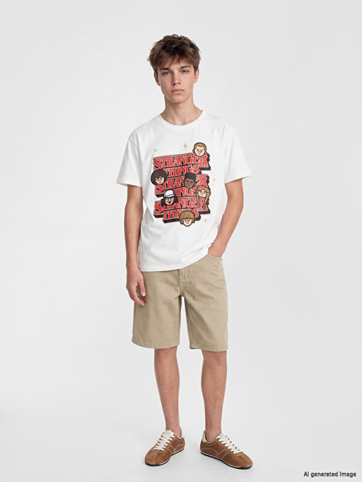 Bisiklet Yaka Stranger Things Bask?l? Erkek ?ocuk Ti??rt