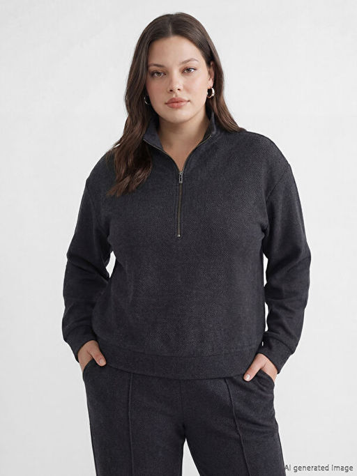 Dik Yaka Desenli Soft Touch Kad?n Sweatshirt