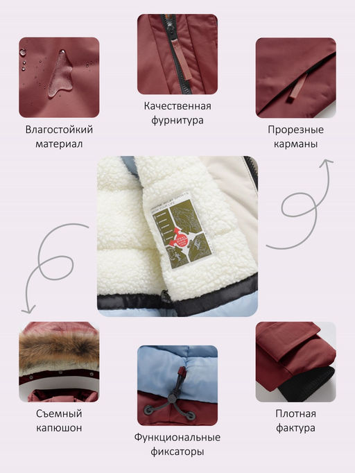 Парка зимняя подростковая для девочки с капюшоном и мехом бордового цвета 9534Bo