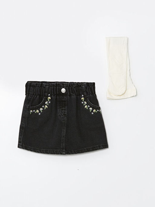 Bel? Lastikli Nak??l? K?z ?ocuk Jean Etek ve K?lotlu ?orap 2li Tak?m