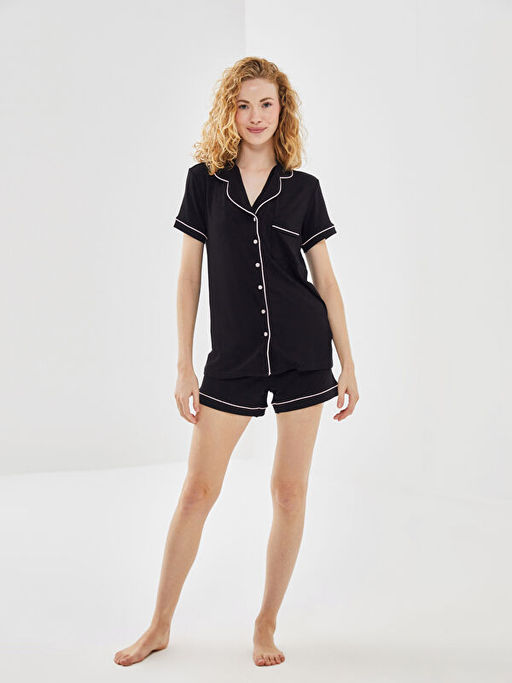 G?mlek Yaka Kad?n ?ortlu Pijama Tak?m?