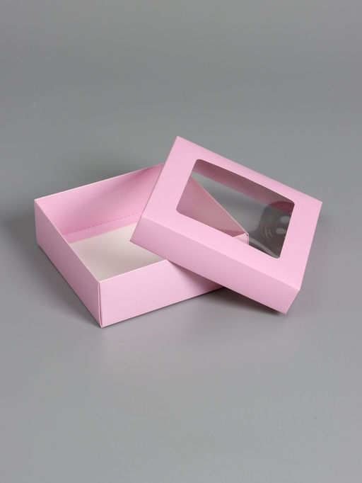 Цена за 5 шт. Коробка складная, крышка-дно,с окном, розовая, 15 х 15 х 5 см