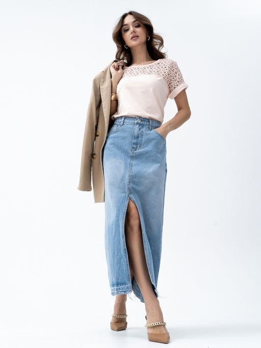 ВИДЕООБЗОР . Футболка с кружевом .арт.180-12,персиковая - Binita фото 4