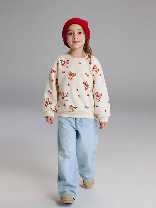 Bisiklet Yaka Bask?l? K?z ?ocuk Kal?n Sweatshirt