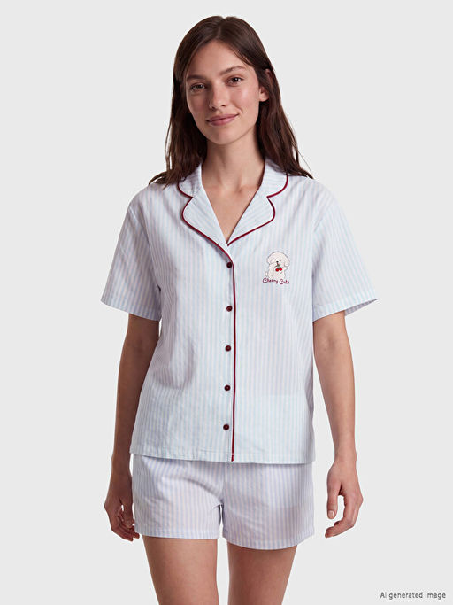 G?mlek Yaka ?izgili Kad?n ?ortlu Pijama Tak?m?