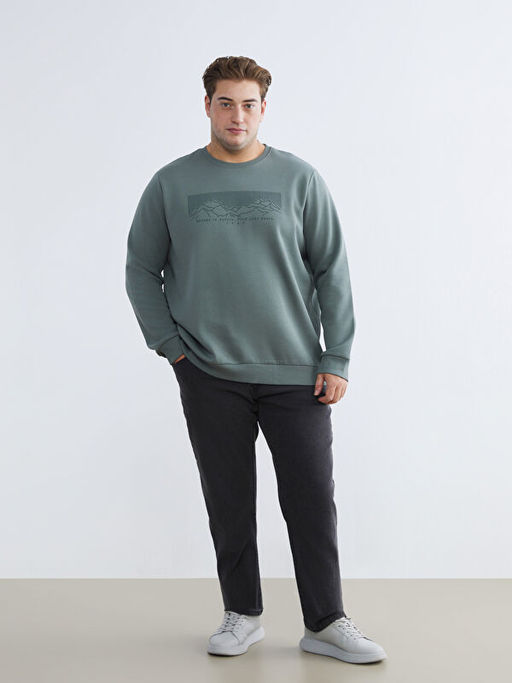 B?y?k Beden Bisiklet Yaka Bask?l? Erkek Kal?n Sweatshirt