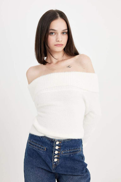 Базовый трикотажный свитер приталенного силуэта с открытыми плечами - Defacto фото 3