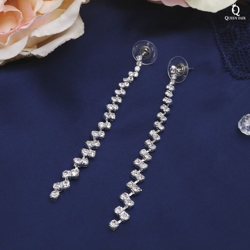 Серьги висячие со стразами Princess дорожка утончённая, белые в серебре,8 см - Qf фото 2