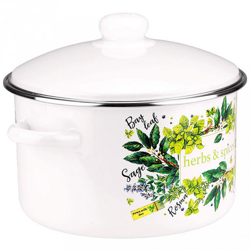 "Травы и специи" Кастрюля эмалированная 4л, цилиндрическая форма, металлическая крышка, ободок из нержавеющей стали, белый (Россия)