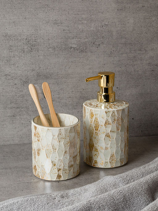 Стакан для зубных щёток 380мл золотой/белый стекло - Denastia фото 5