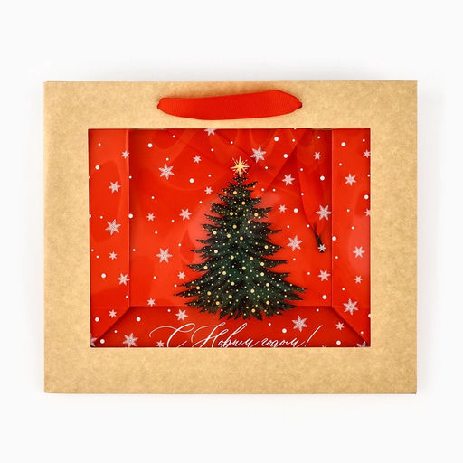 Цена за 2 шт. Пакет подарочный новогодний крафтовый с пластиковым окном «Новогоднее чудо», 24×20×11 см