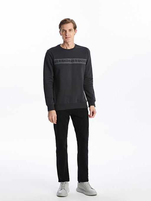 Bisiklet Yaka Bask?l? Erkek Kal?n Sweatshirt