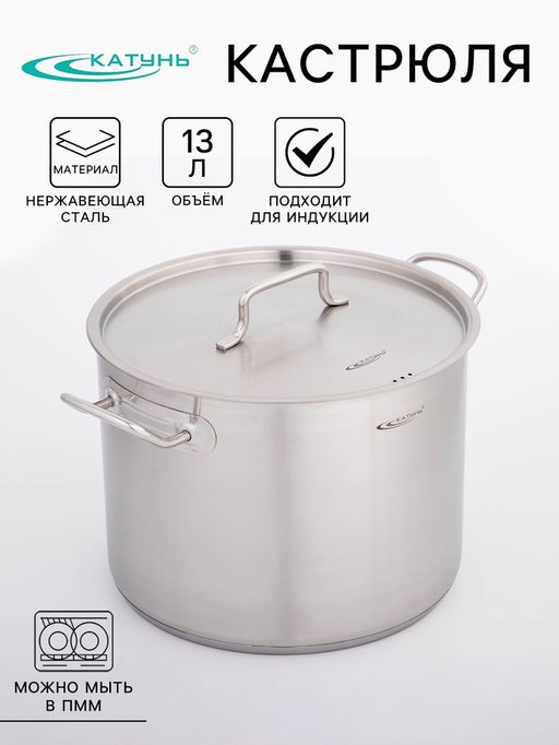 Цена за 2 шт. Кастрюля Катунь «Общепит», 13 л, d=28 см, с крышкой, капсульное дно, индукция, нержавеющая сталь, хромированный