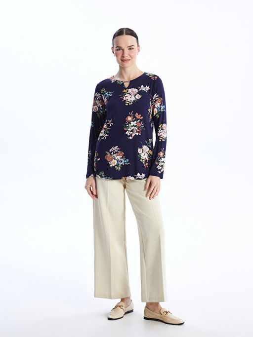 Bisiklet Yaka ?i?ekli Uzun Kollu Kad?n Bluz