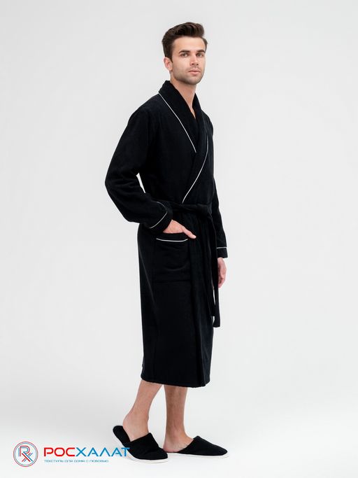 Мужской махровый халат с кантом черный МЗ-33 (100)
