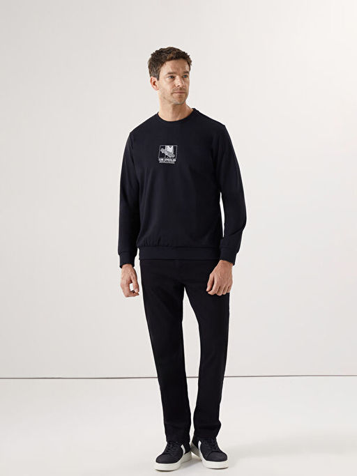 Bisiklet Yaka Uzun Kollu Bask?l? Erkek Sweatshirt
