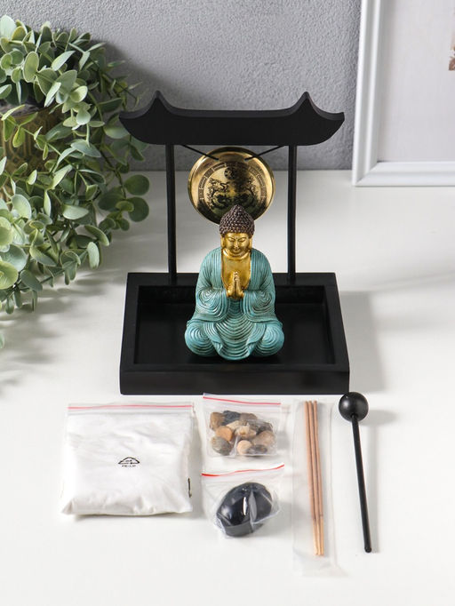 Сад Дзен "Будда в бирюзовом у гонга" песок+камни+аромапалочки 13,2х15х16 см