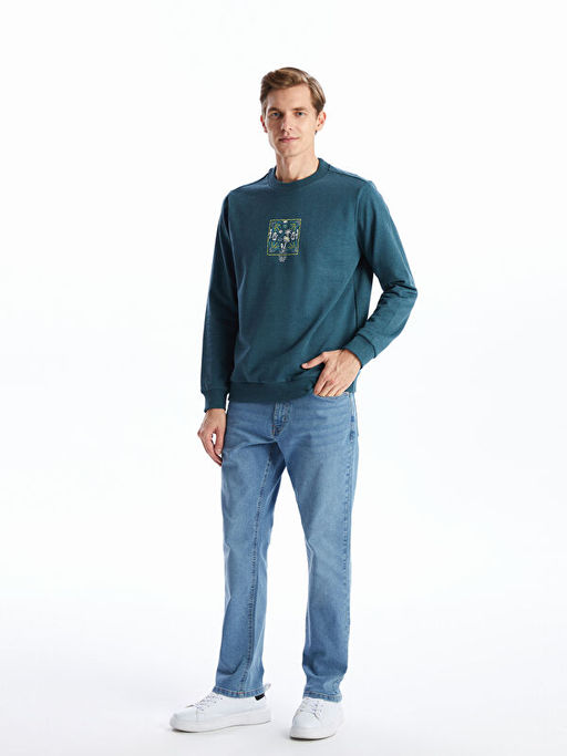 Bisiklet Yaka Bask?l? Erkek Kal?n Sweatshirt