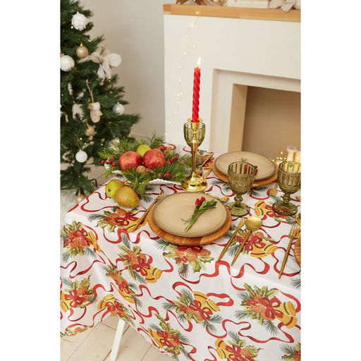 Скатерть новогодняя Доляна Новогодние колокольчики 145*300 +/- 2 см, 100% п/э  фото 4