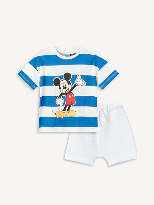 Bisiklet Yaka K?sa Kollu Mickey Mouse Bask?l? Erkek Bebek Ti??rt ve ?ort 2li Tak?m